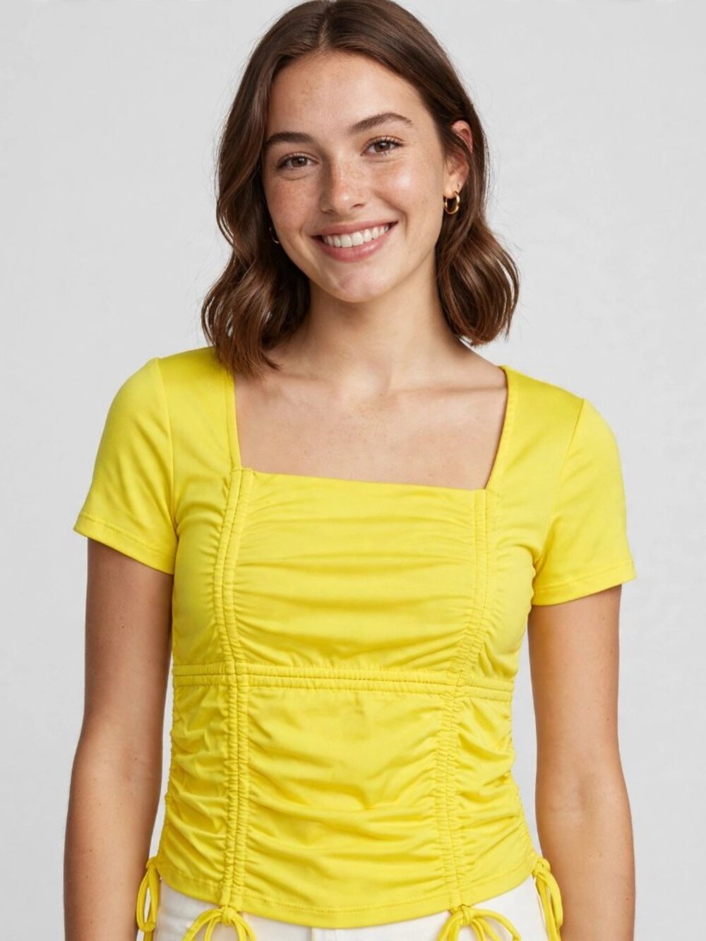 Heart & Hips Yellow Ruched Drawstring Top Short Sleeve Size L